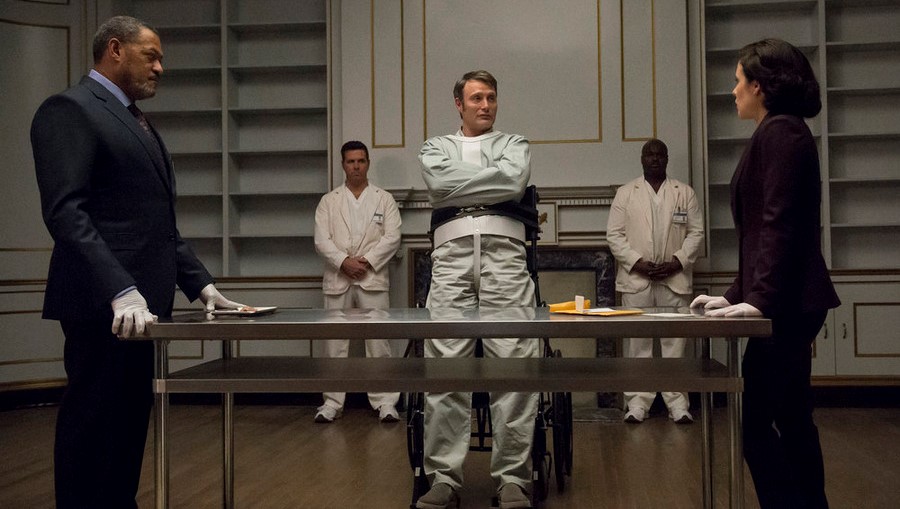 HANNIBAL -- "The Number of the Beast is 666" Episode 312 -- Pictured: (l-r) Laurence Fishburne as Jack Crawford, Mads Mikkelsen as Hannibal Lecter, Caroline Dhavernas as Alana Bloom -- (Photo by: Brooke Palmer/NBC)